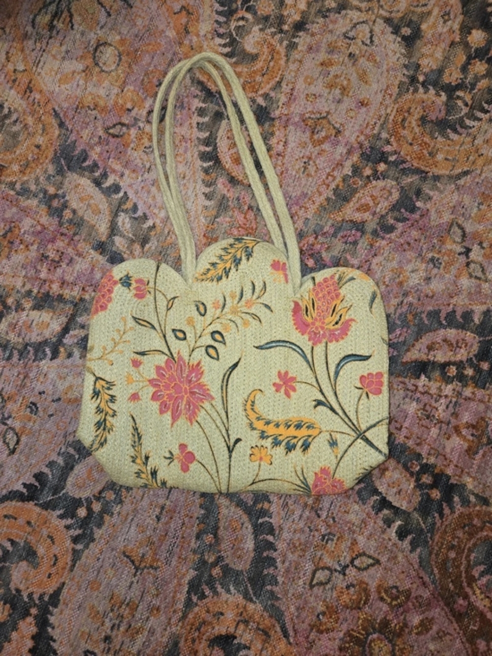 Antik Kraft Floral Scalloped Tote Bag Green & Pink